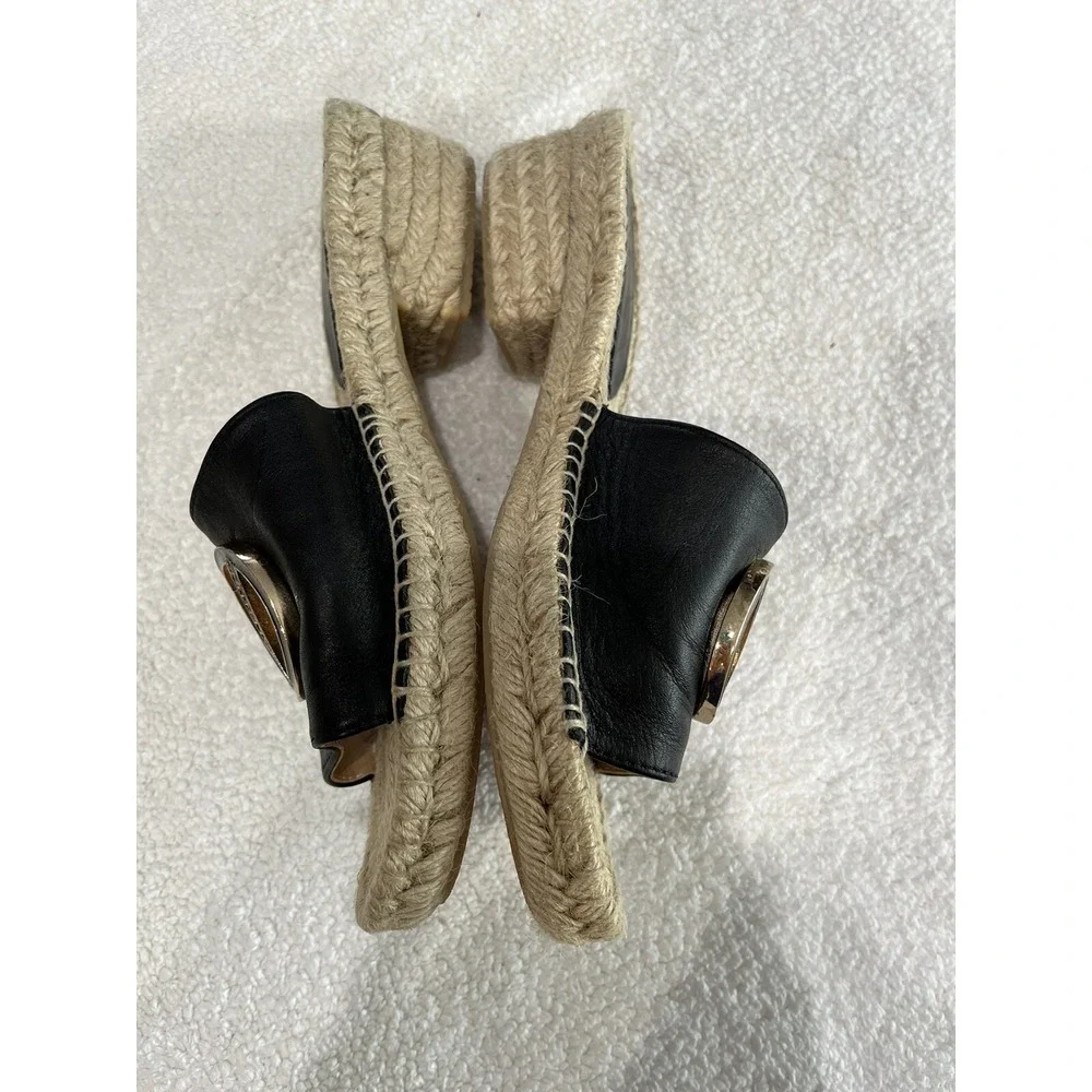 Valentino Garavani Black Leather Gold V Logo Espadrille Slide Sandals‎ Womens 38